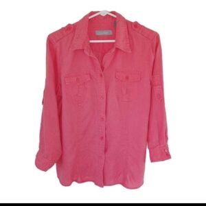 Vintage Liz Claiborne Salmon Linen Shirt Front Pockets Roll Tab Sleeves Large